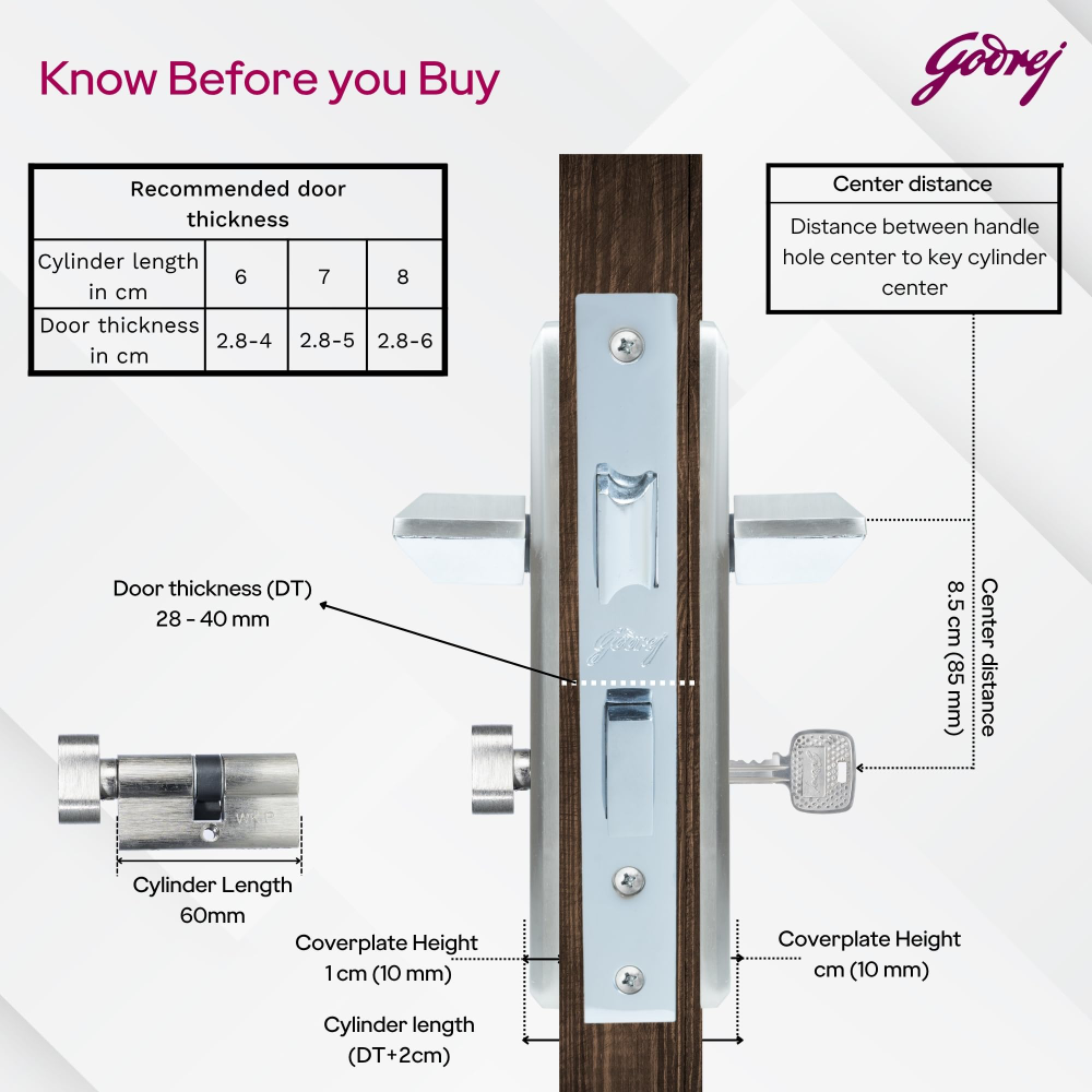 Godrej Mortise Lock | 200mm Plate | 5 inch handle | NEH 23 | Double Throw Deadbolt | 3 Keys | Reversible Left or Right Handed | Door Lock For Home, Main Door | Satin Steel Finish | 5 Year Warranty
